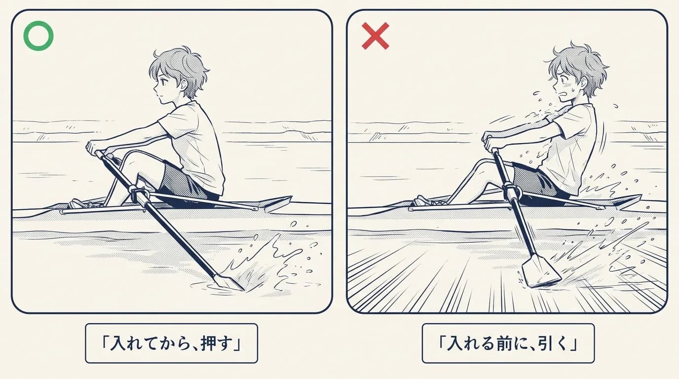 ○×の対比。○は「入れてから、押す」— ブレードが水中に入ってから脚で押し、漕手は落ち着いている。×は「入れる前に、引く」— ブレードが水面を滑り、しぶきが顔側へ飛び、上体が先に開いて慌てている。