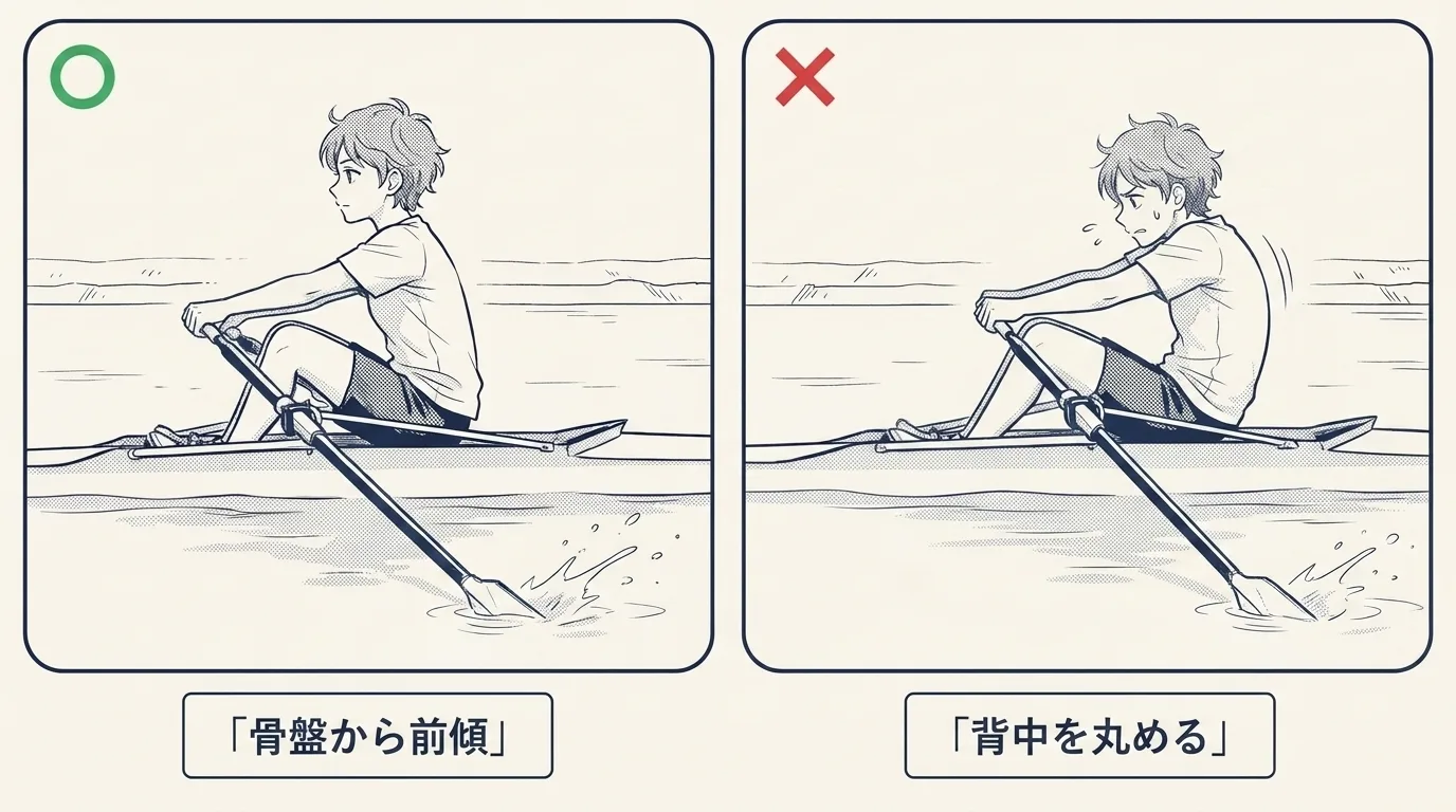 ○×の対比。○は「骨盤から前傾」— 腰から頭まで背中が一直線のフォワードエンド。×は「背中を丸める」— 背中がC字に丸まり、肩がすくんでいる。
