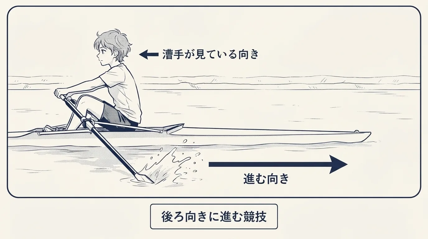 シングルスカルの側面図。艇は右へ進み、漕手は左を向いて座っている。水面沿いの大きな矢印に「進む向き」、漕手の顔の先の小さな矢印に「漕手が見ている向き」、下の札に「後ろ向きに進む競技」と書かれている。