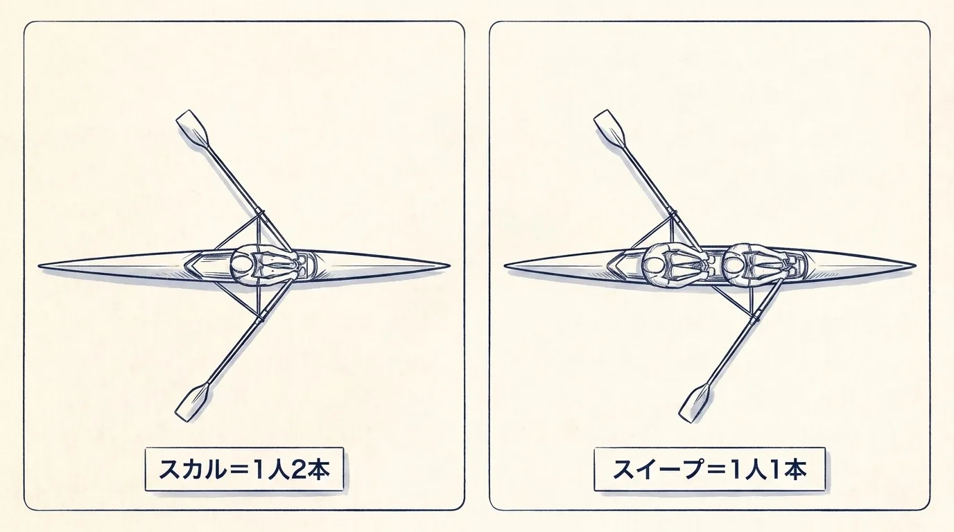 真上から見た2コマの対比。左はシングルスカルで、1人の漕手が左右に1本ずつ計2本のオールを持つ。右はペアで、2人の漕手がそれぞれ1本のオールを互い違いの舷に伸ばしている。札に「スカル＝1人2本」「スイープ＝1人1本」と書かれている。